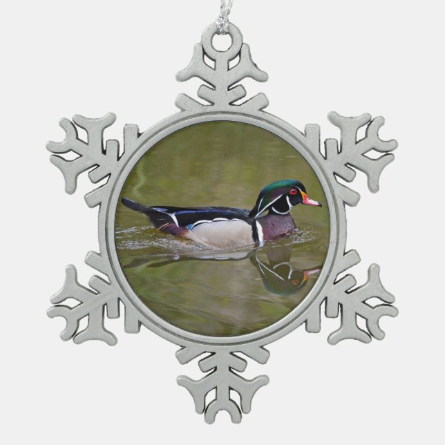 Farbenfrohe Holzente Schneeflocken Zinn-Ornament (Vorderseite)