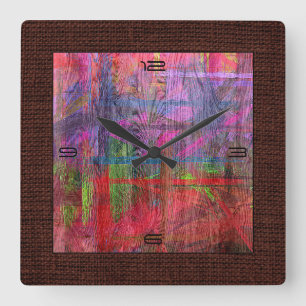 Farbenfrohe Holzkörner Burlap Border #2 Quadratische Wanduhr
