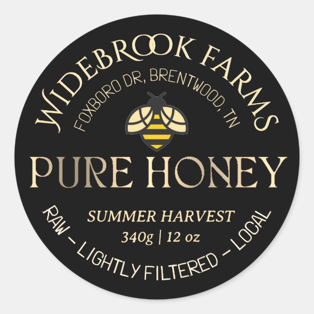 Farbenfrohe Honigbienen-Logo Reine Honig Schwarzes Runder Aufkleber (Vorderseite)