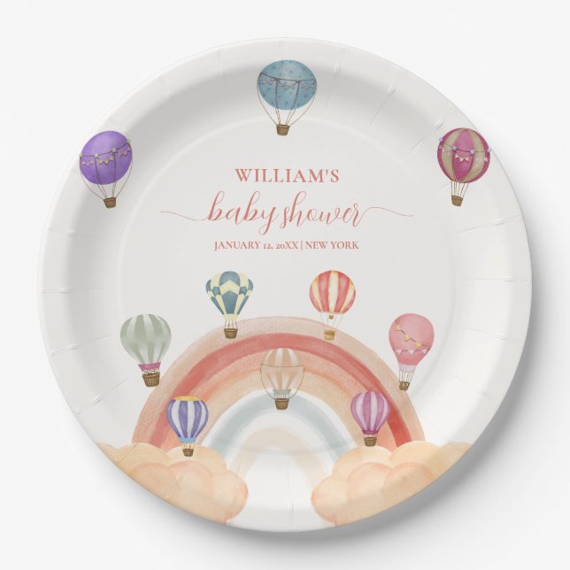 Farbenfrohe Hot Air Ballon Rainbow Baby Dusche Pappteller (Vorderseite)