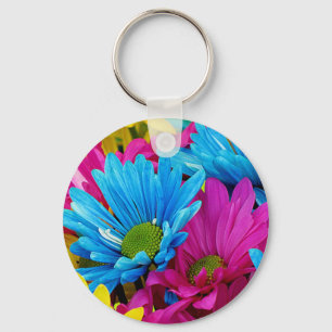 Farbenfrohe Hot Pink Aquamarin Blue Gerber Blume Schlüsselanhänger