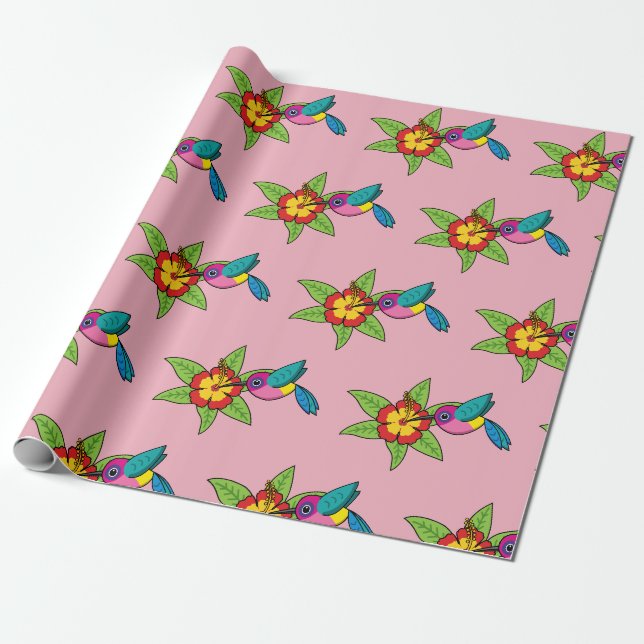 Farbenfrohe Hummingbird im Hibiskus Tropische Blum Geschenkpapier (Ungerollt)