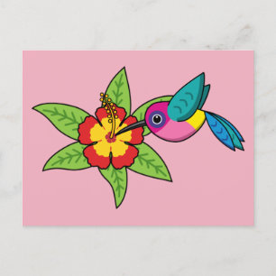 Farbenfrohe Hummingbird im Hibiskus Tropische Blum Postkarte