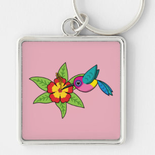 Farbenfrohe Hummingbird im Hibiskus Tropische Blum Schlüsselanhänger