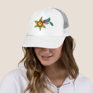 Farbenfrohe Hummingbird im Hibiskus Tropische Blum Truckerkappe