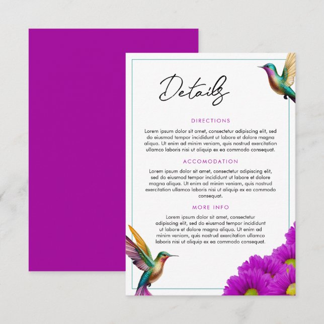 Farbenfrohe Hummingbirds Lila Daisies Wedding Begleitkarte (Vorne/Hinten)