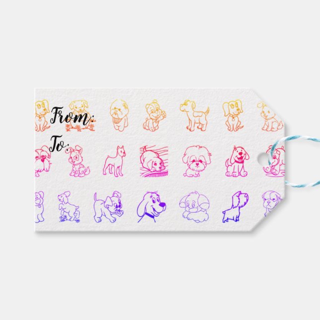 Farbenfrohe Hunde und Welpen Muster Geschenkanhänger (Vorderseite (Horizontal))