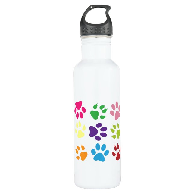 Farbenfrohe Hundepfoten Edelstahlflasche (Vorderseite)