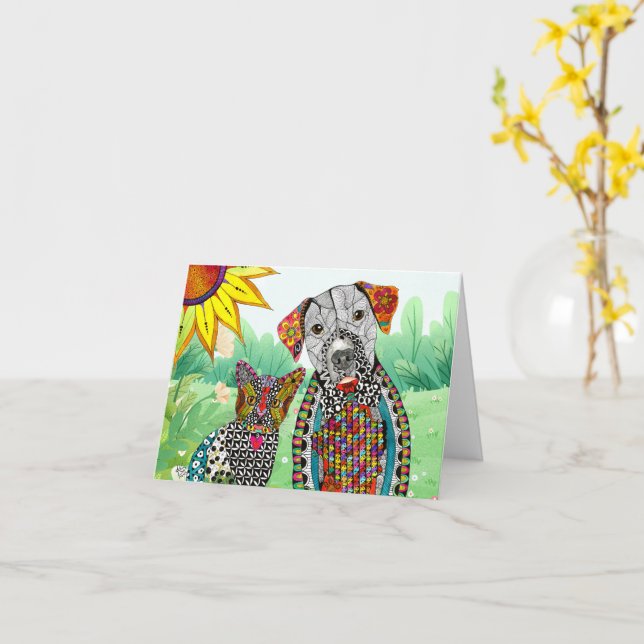 Farbenfrohe Hündin und Katze Adoptierte mir Grußka Karte (Gelbe Blume)