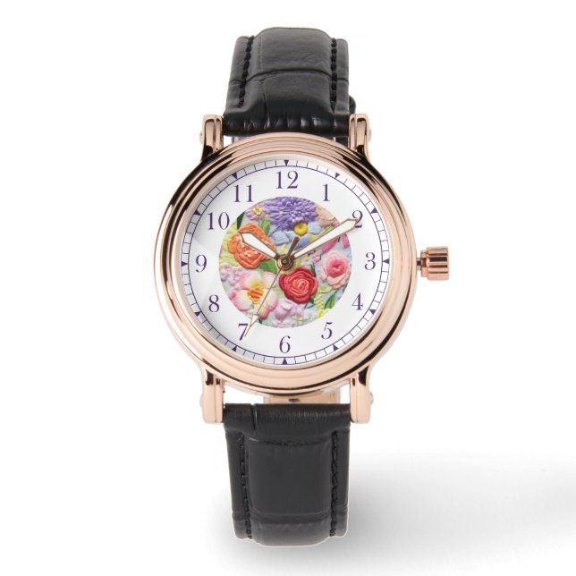 Farbenfrohe Imitate bestickt mit floralen Stilfrau Armbanduhr (Vorderseite)