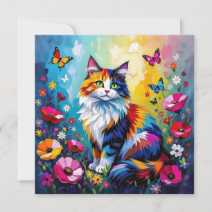 Farbenfrohe Impasto-Katze, Blumen und Schmetterlin Karte
