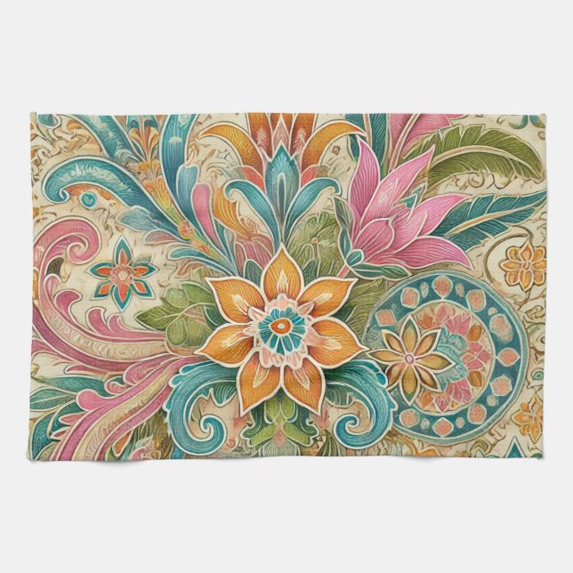 Farbenfrohe indonesische Batik-Blumen-Boho-Rustika Geschirrtuch (Horizontal)