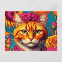 Farbenfrohe Ingwerkatze Postkarte!
