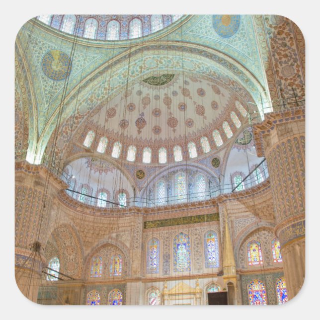 Farbenfrohe Innendecke der blauen Moschee Quadratischer Aufkleber (Vorderseite)