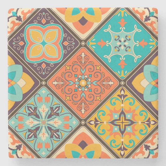 Farbenfrohe islamisch inspirierte Patchwork-Kachel Steinuntersetzer (Vorderseite)