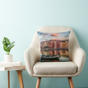 Farbenfrohe italienische Hafen Sunset Wasserfarbe Kissen