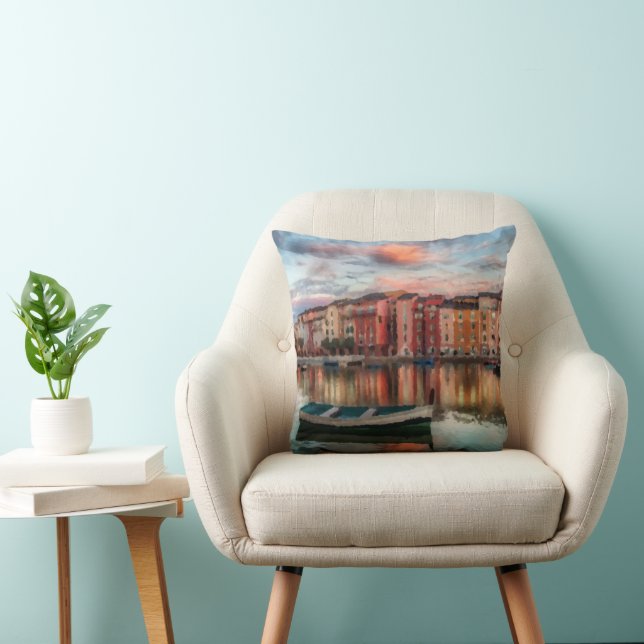 Farbenfrohe italienische Hafen Sunset Wasserfarbe Kissen (Stuhl )
