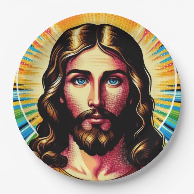 Farbenfrohe Jesus Papiertüte! Pappteller (Vorderseite)