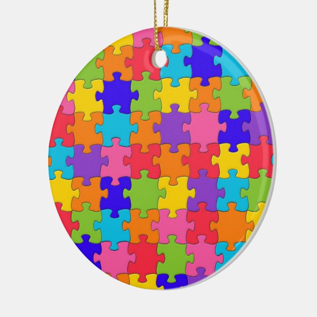 Farbenfrohe Jigsaw Puzzle Pieces Happy Puzzler Keramik Ornament (Links)