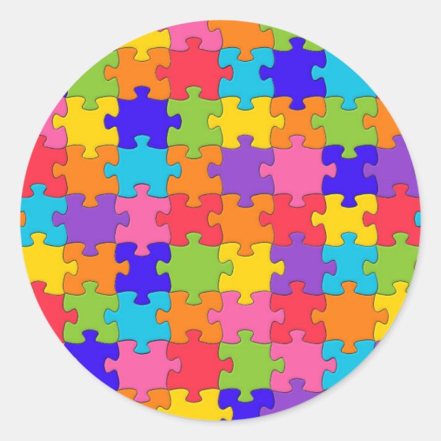 Farbenfrohe Jigsaw Puzzle Pieces Happy Puzzler Runder Aufkleber (Vorderseite)