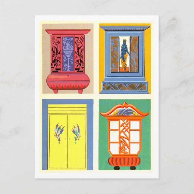 Farbenfrohe Jugendstilmöbel Vintag Postkarte (Vorderseite)