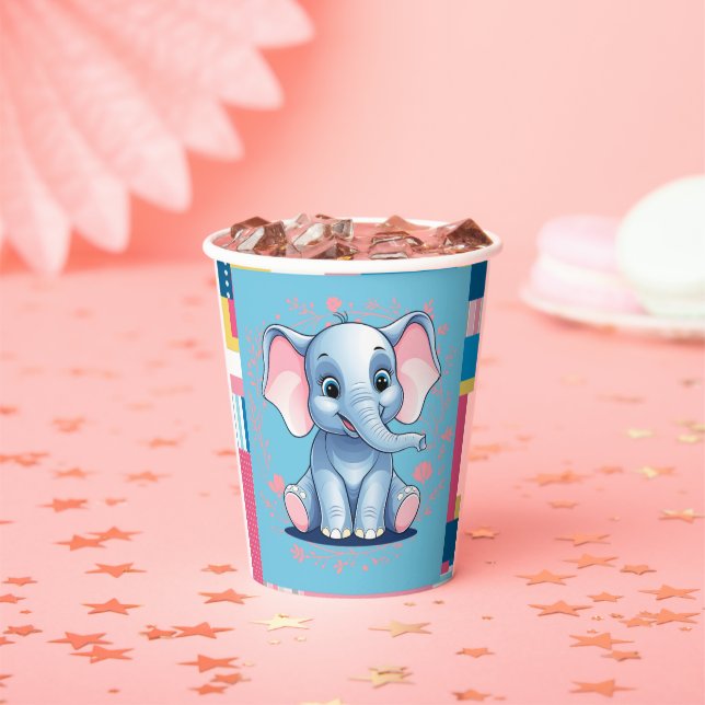 Farbenfrohe Jungle Blue Elephant Baby Dusche Pappbecher (Insitu)