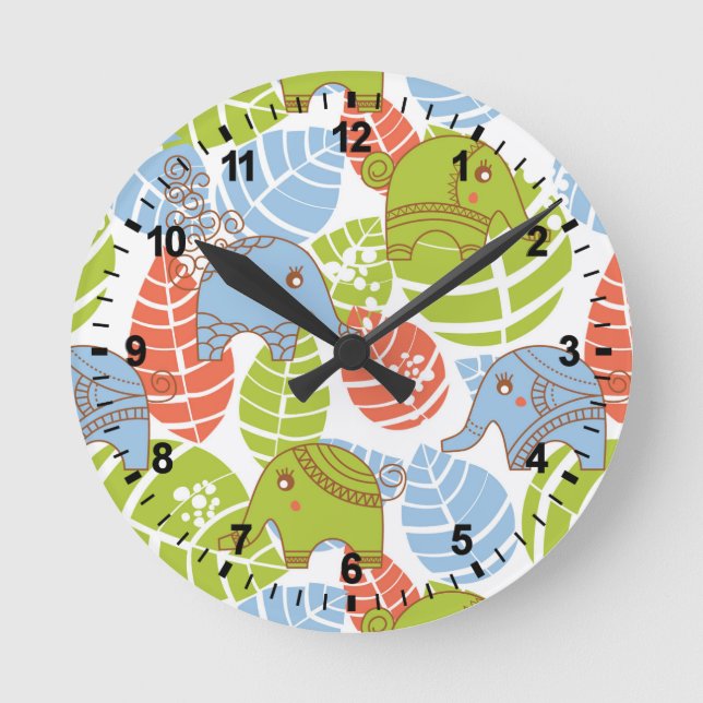 Farbenfrohe Jungle-Elefanten Runde Wanduhr (Vorderseite)