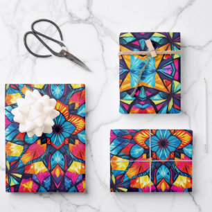 Farbenfrohe kaleidoskopische Muster Geschenkpapier Set