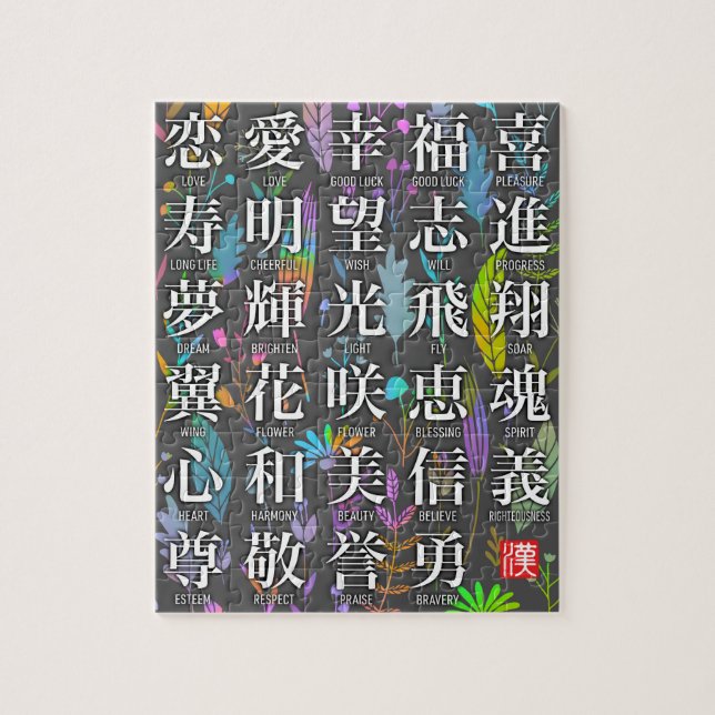 Farbenfrohe Kanji Worte der Hoffnung und des Joy D (Vertikal)