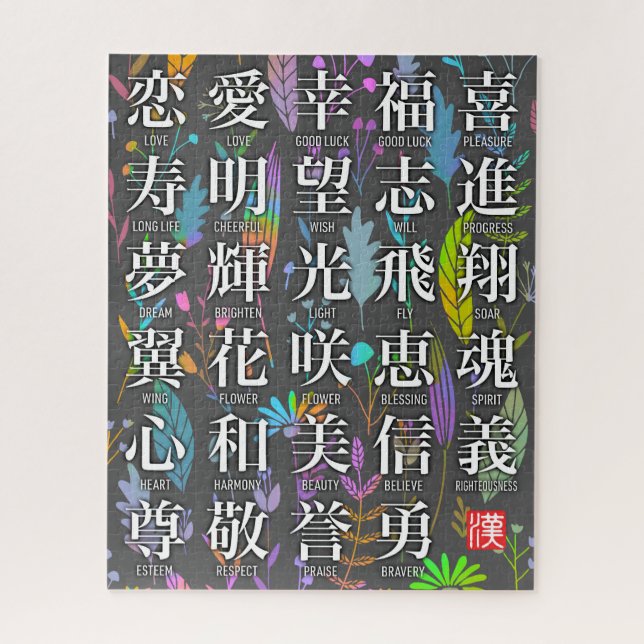 Farbenfrohe Kanji Worte der Hoffnung und des Joy D (Vertikal)