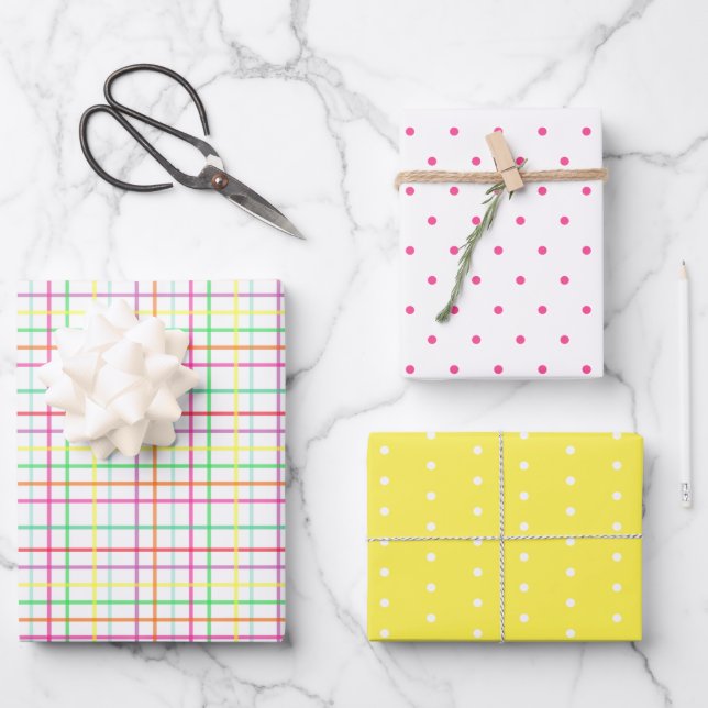 Farbenfrohe Karierte und Dots Spring Assorted Geschenkpapier Set (Vorderseite)