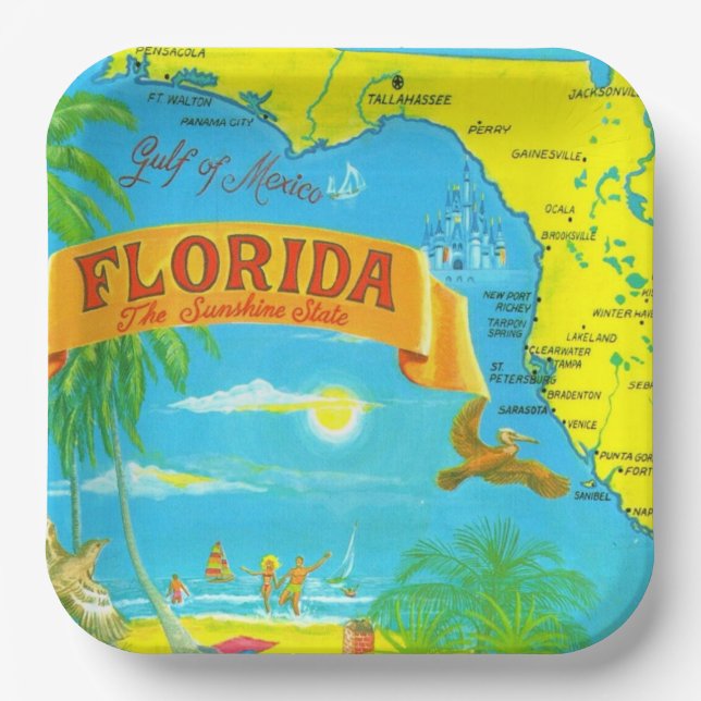 Farbenfrohe Karte Florida Pappteller (Vorderseite)