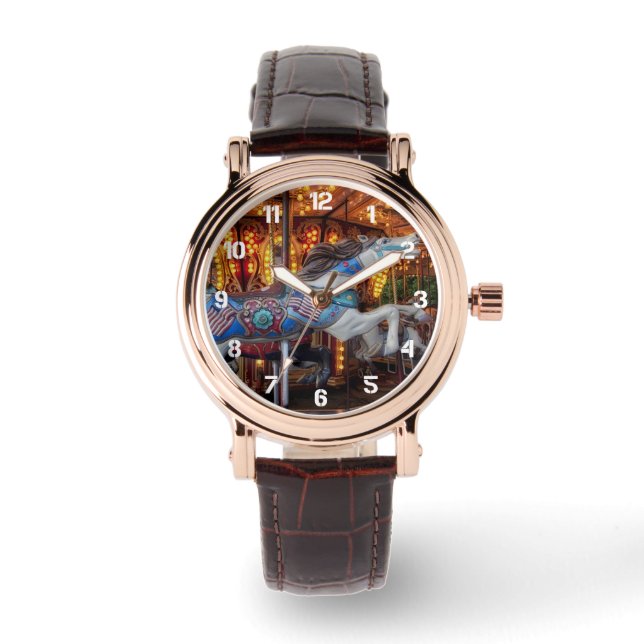Farbenfrohe Karussell Pferd und Mercosur Runde Armbanduhr (Vorderseite)