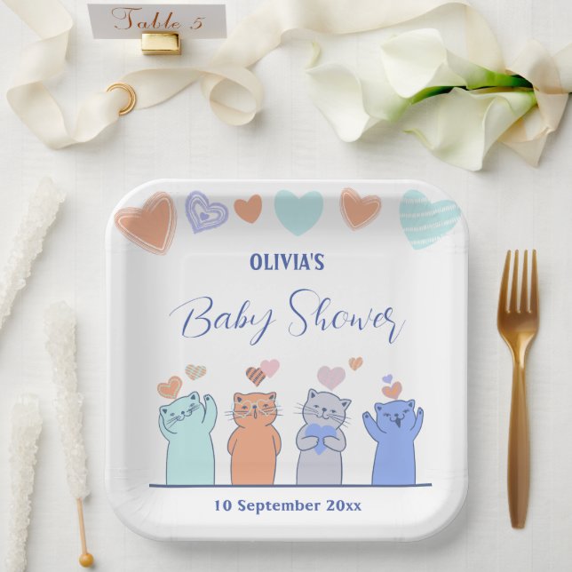 Farbenfrohe Kätzchen Herz pink Babydusche Dekorati Pappteller (Hochzeit)