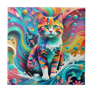 Farbenfrohe Katze 759 Wasserwelle Fliese