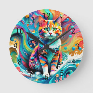 Farbenfrohe Katze 759 Wasserwelle Runde Wanduhr