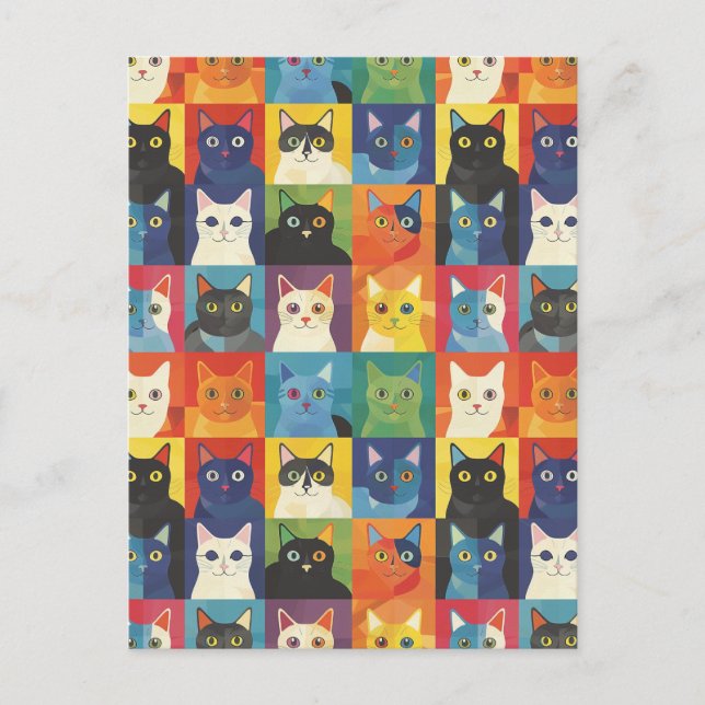 Farbenfrohe Katze Collage Postkarte (Vorderseite)