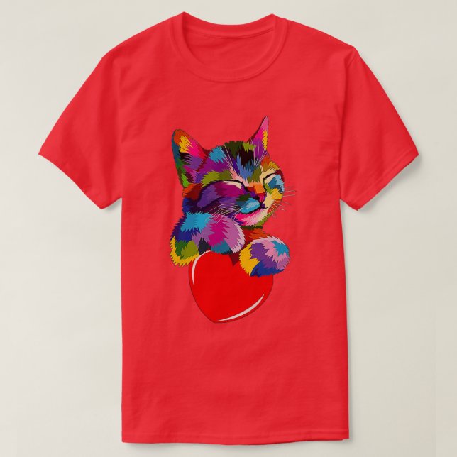 Farbenfrohe Katze umarmtes Herz T-Shirt (Design vorne)