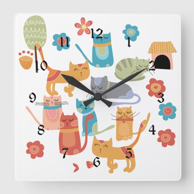 Farbenfrohe Katzen Druckgeschenke für Katzen Liebh Quadratische Wanduhr (Vorderseite)