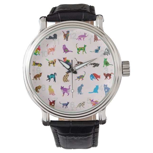 Farbenfrohe Katzen Muster Armbanduhr (Vorderseite)