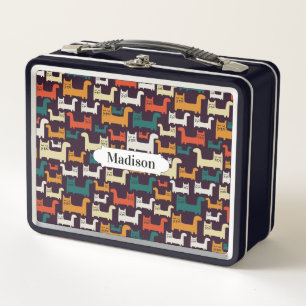 Farbenfrohe Katzen Muster individuelle Name Lunch  Metall Brotdose
