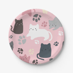 Farbenfrohe Katzen Muster Pink Hintergrund Party Pappteller