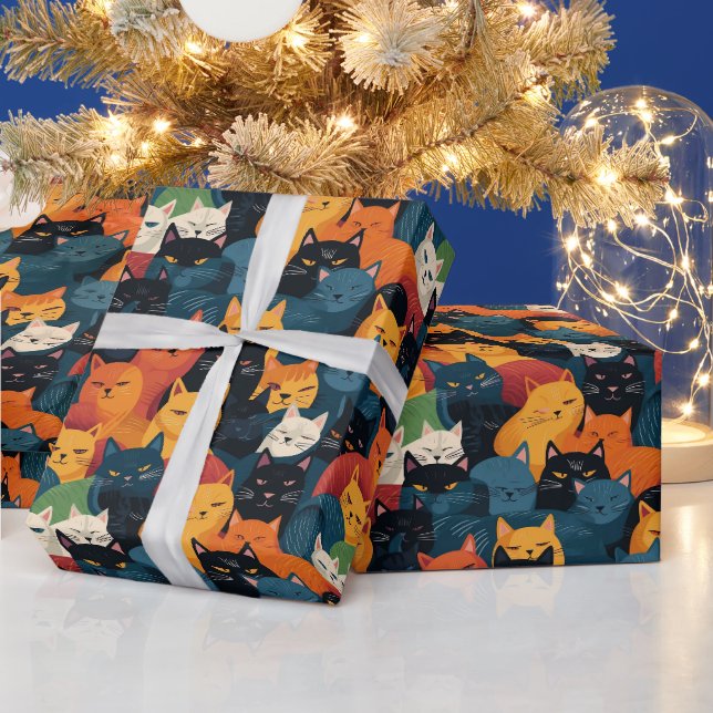 Farbenfrohe Katzen überfüllt schlafen Geschenkpapier (Feiertage)