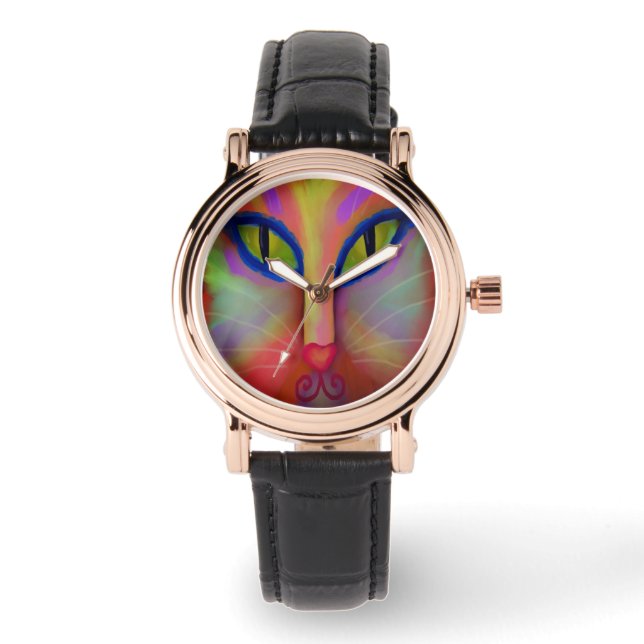 Farbenfrohe Katzengesicht Abstrakte Kunst zu trage Armbanduhr (Vorderseite)