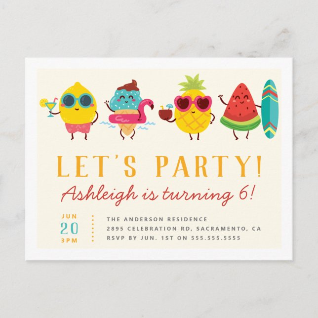 Farbenfrohe Kawaii Summer Kids's Birthday Party Einladungspostkarte (Vorderseite)
