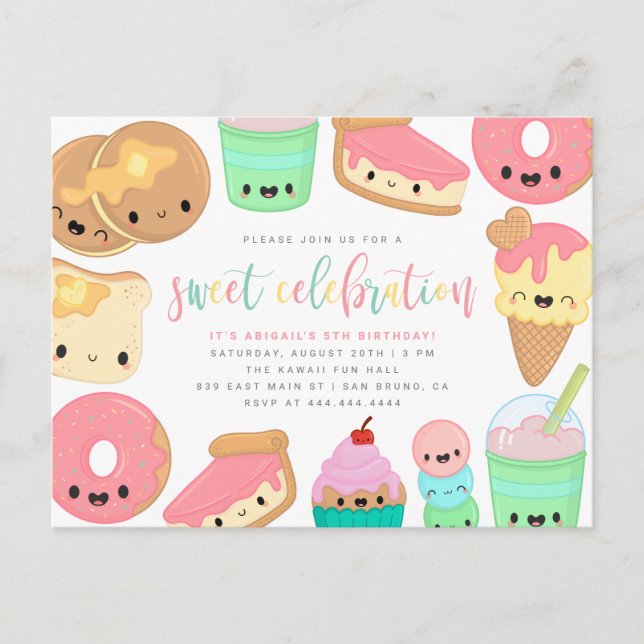 Farbenfrohe Kawaii Sweet Elements Kindergeburt Einladungspostkarte (Vorderseite)