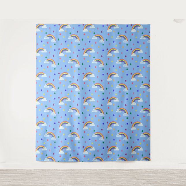 Farbenfrohe Kids Blue Sky Rainbow Raindrops Wandteppich (Vorderseite)