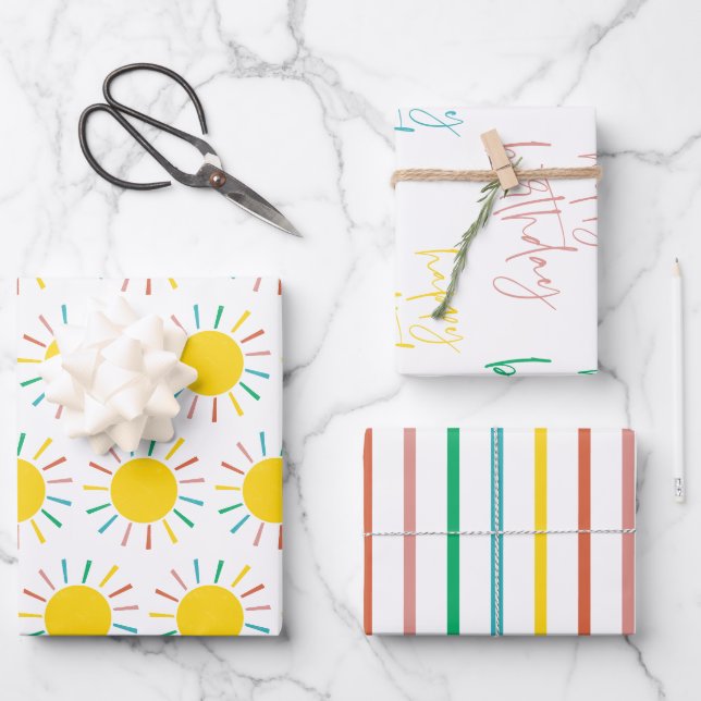Farbenfrohe Kinder Sonnenstreifen glücklich Geburt Geschenkpapier Set (Vorderseite)