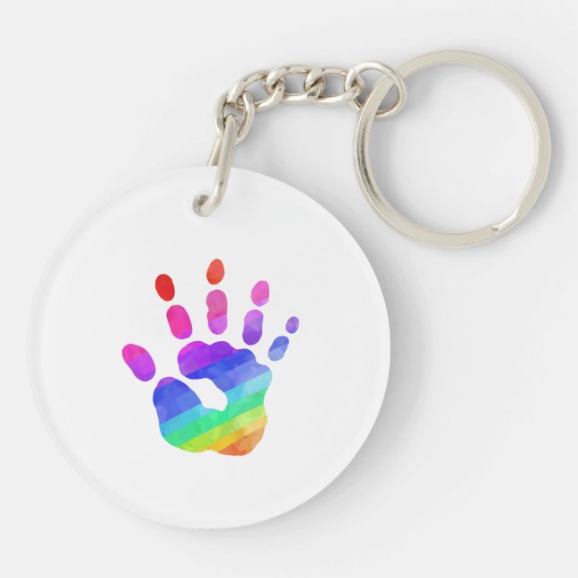 Farbenfrohe Kinderhanddruckkids mit Regenbogen Schlüsselanhänger (Rückseite)