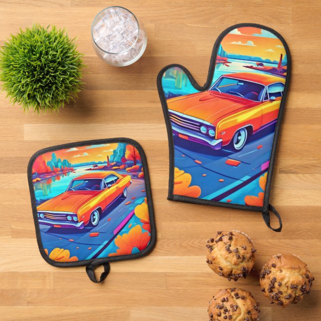 Farbenfrohe Klassik Ride Design Ofenhandschuh & Topflappen-Set (Oben Unten)